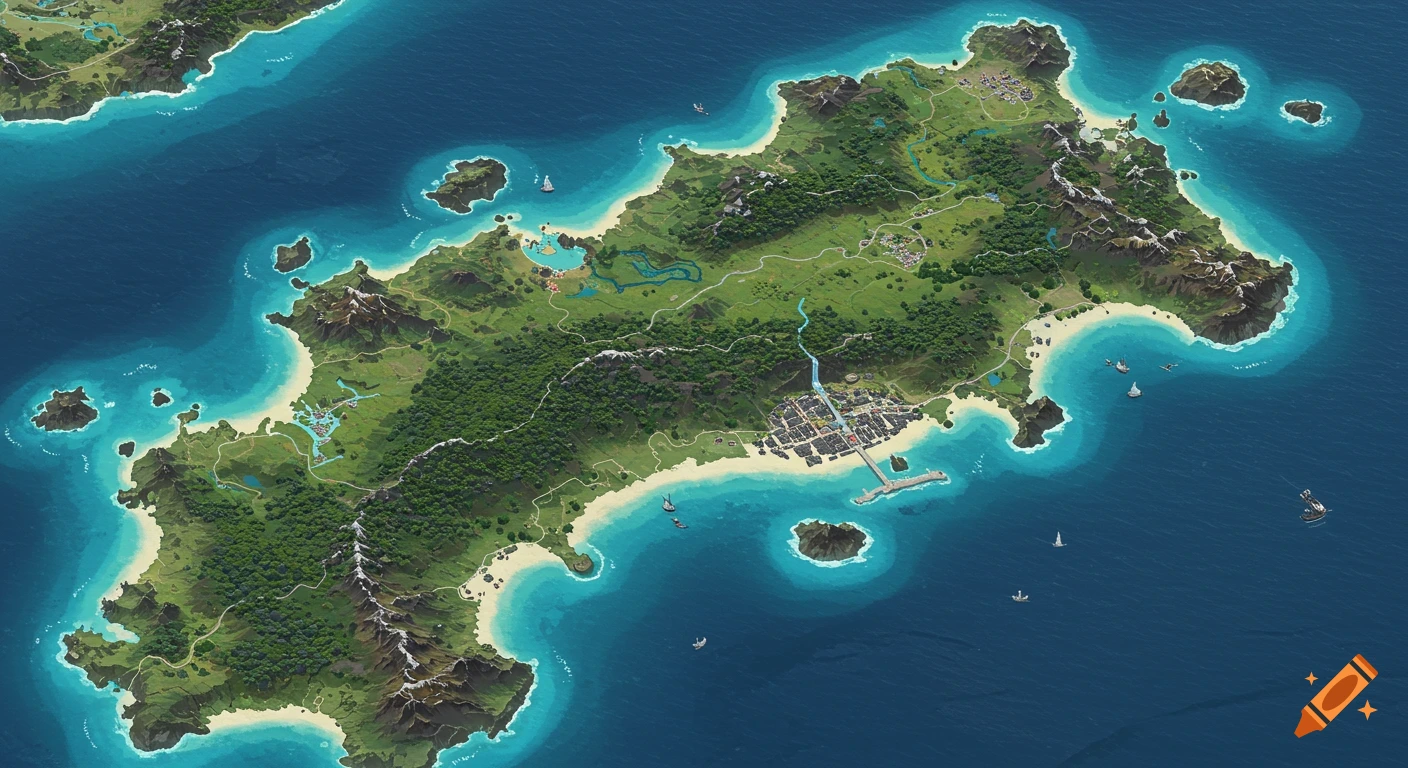 An isometric, stylized map of a lush green island with a town, mountains, forests, rivers, beaches, and boats in the surrounding blue water.