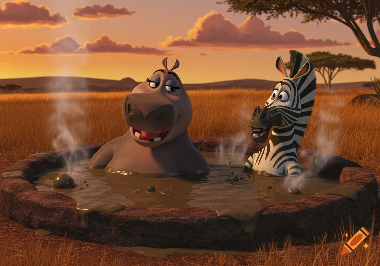 Gloria the hippo and Marty the zebra from Madagascar relaxing in a mud hot tub at sunset, 3D animation.