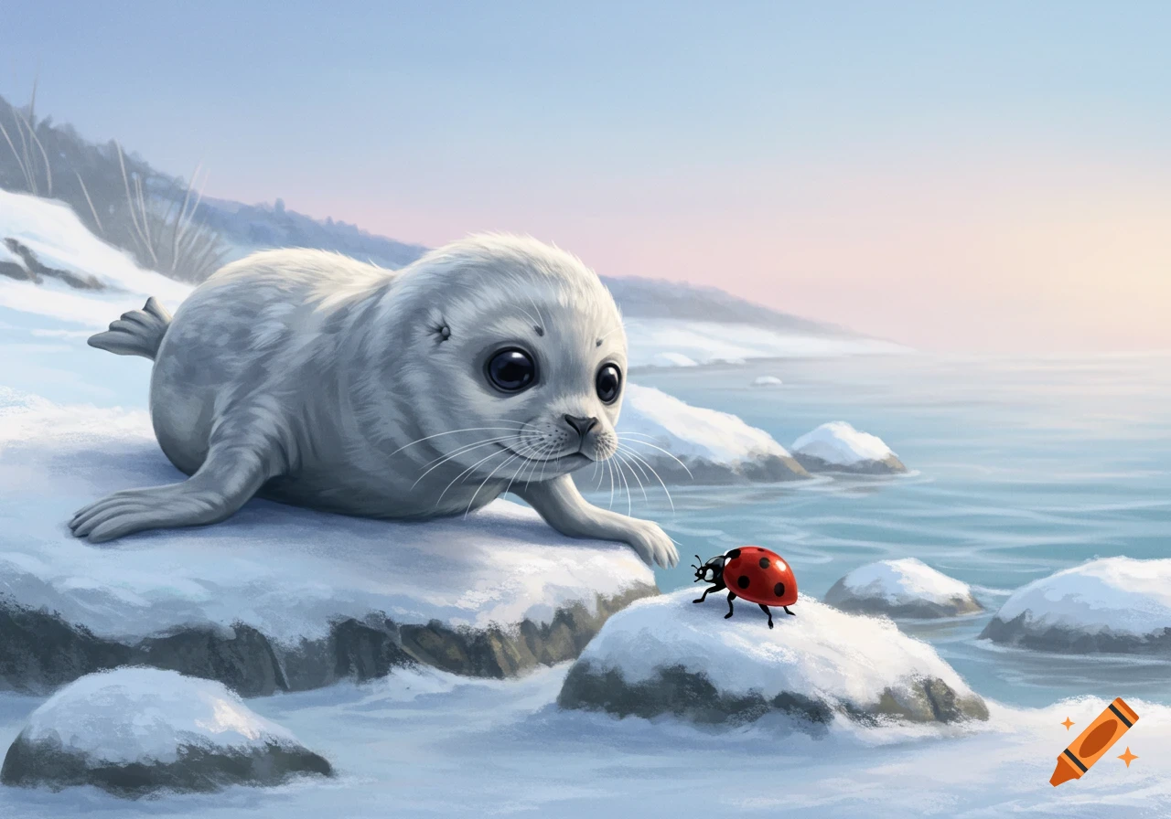 A cute illustration of a grey seal pup on a snowy shore looking at a red ladybug on a nearby rock.