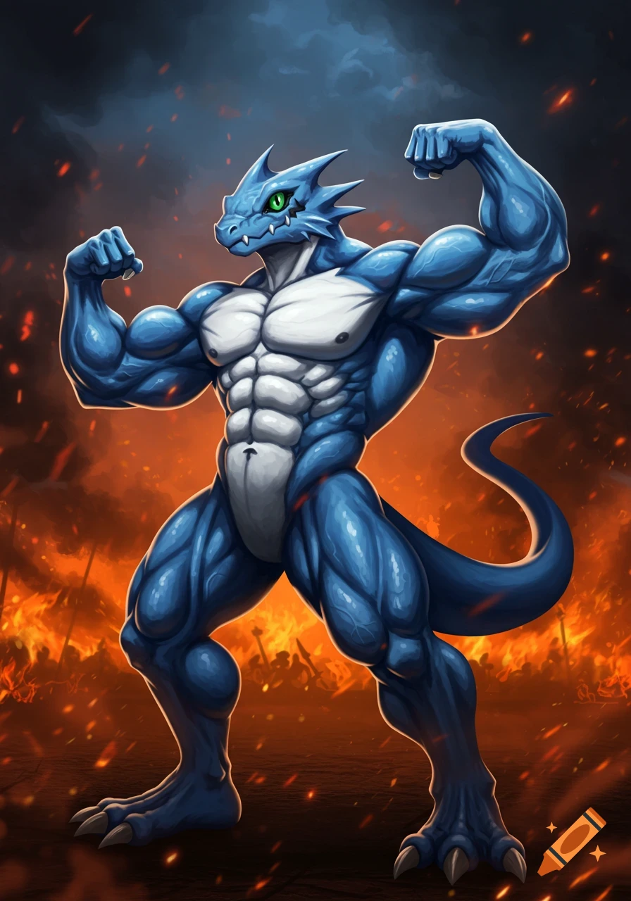 A muscular blue dragon-like creature with green eyes flexes its biceps and tail, standing in front of a burning battlefield.