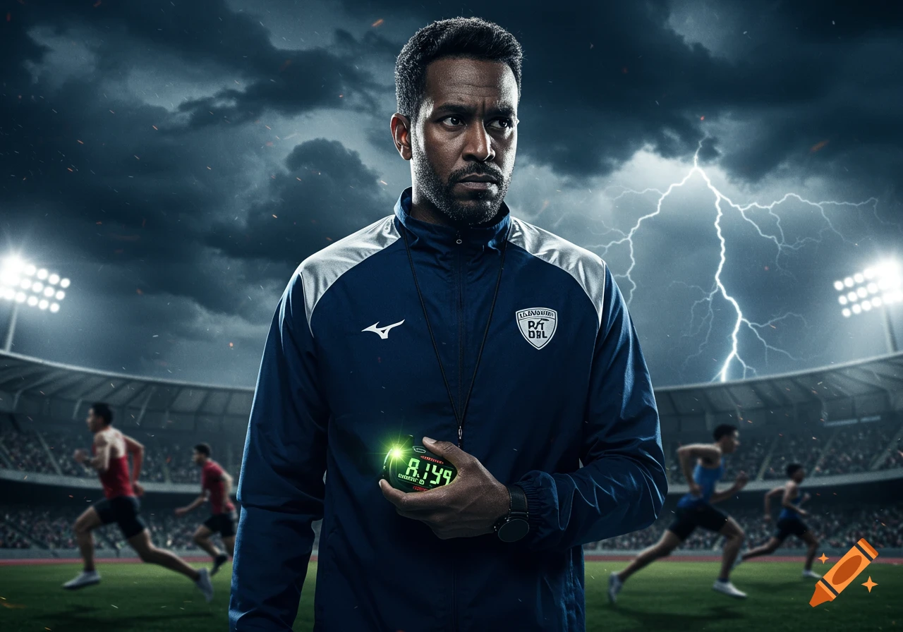 A serious coach holds a stopwatch in a stadium with runners on a track, under a stormy, lightning-filled sky.