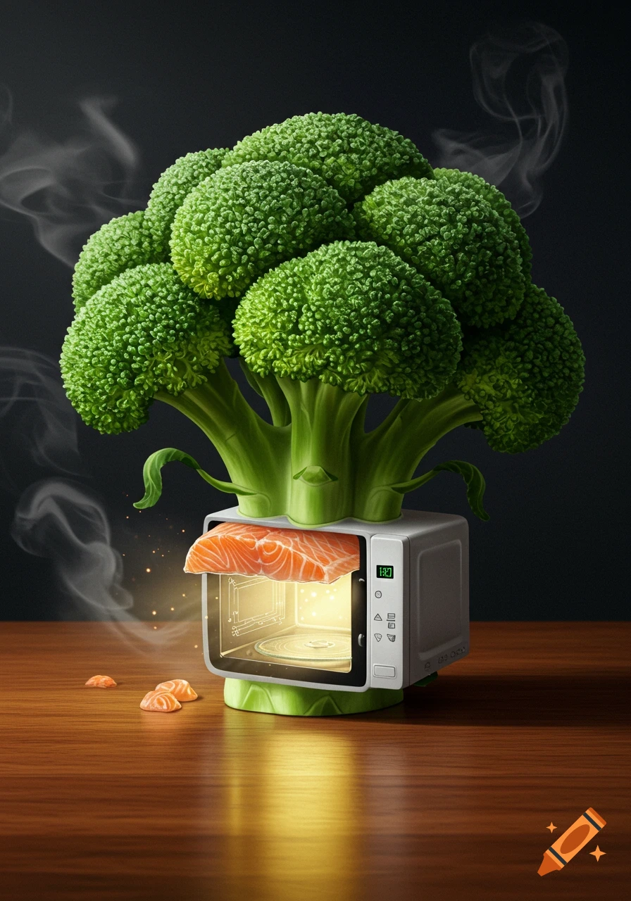 Photorealistic image of a giant broccoli stalk acting as a base for a small microwave with a glowing salmon fillet inside, emitting steam.
