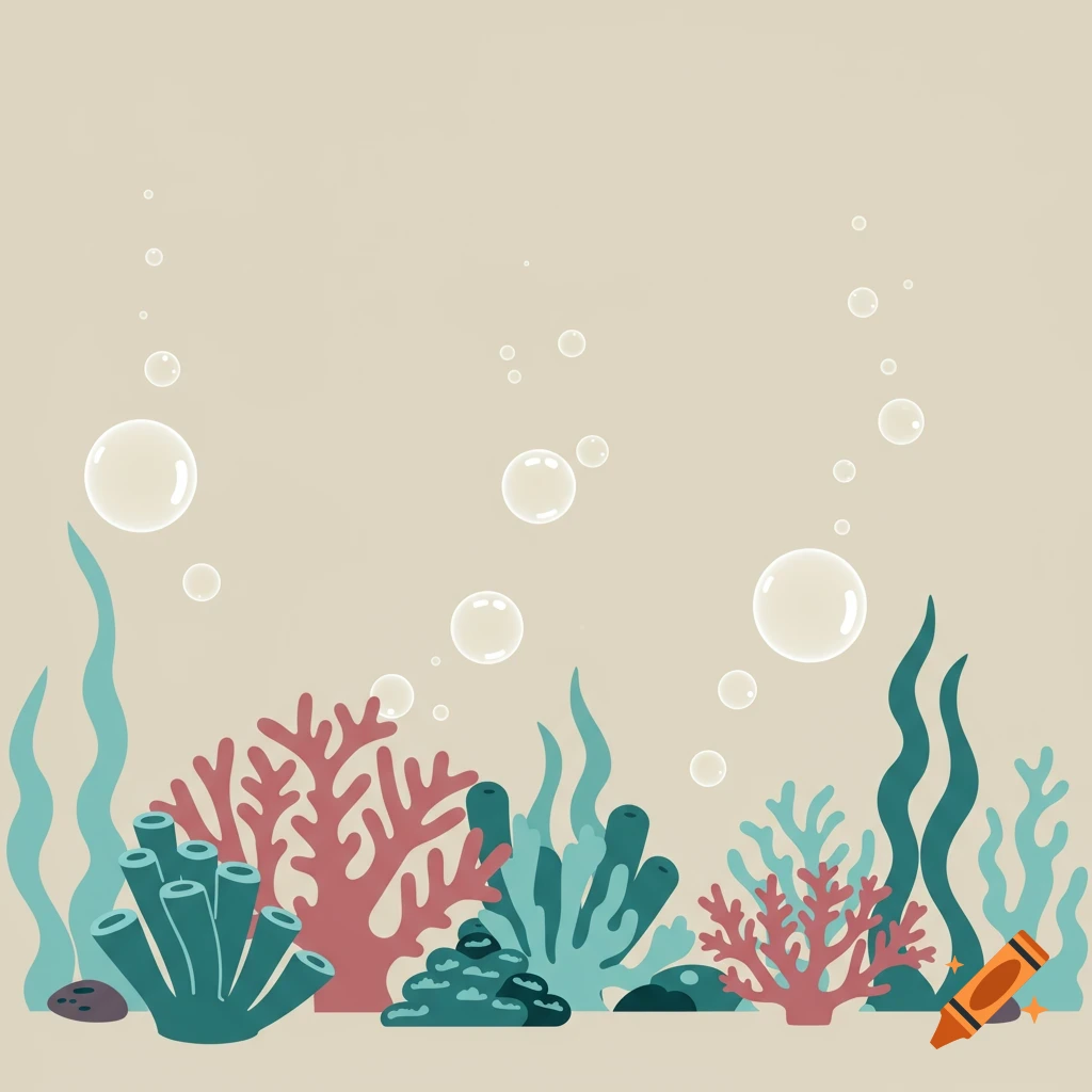 Stylized illustration of vibrant coral, seaweed, and ascending bubbles in an underwater scene with a plain background.