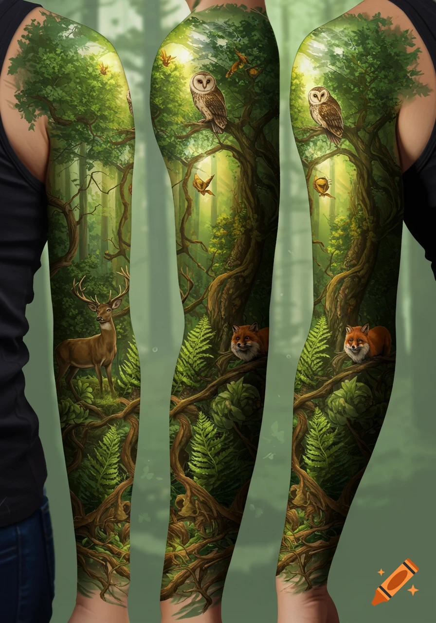 Detailed full arm tattoo sleeve of a lush forest scene with a deer, owls, and foxes among trees and ferns.