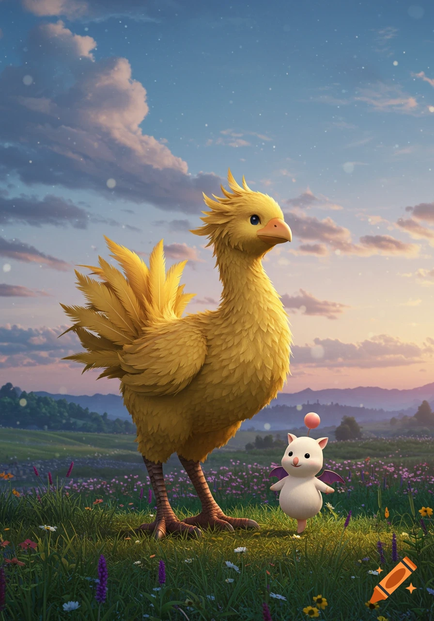 A large yellow Chocobo stands next to a small white Moogle in a field of flowers under a sunset sky.