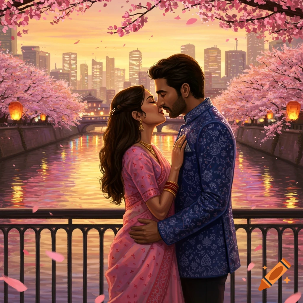 A romantic couple kisses under cherry blossoms by a river with a city skyline at sunset, digital art.