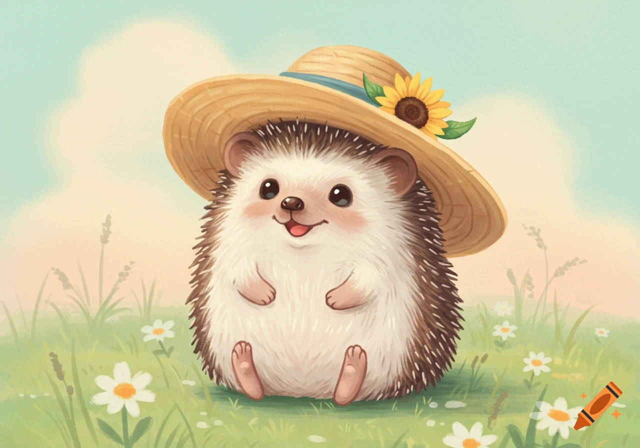 A cute, cartoon hedgehog with a straw hat and sunflower sits in a grassy field with daisies under a blue sky, smiling.