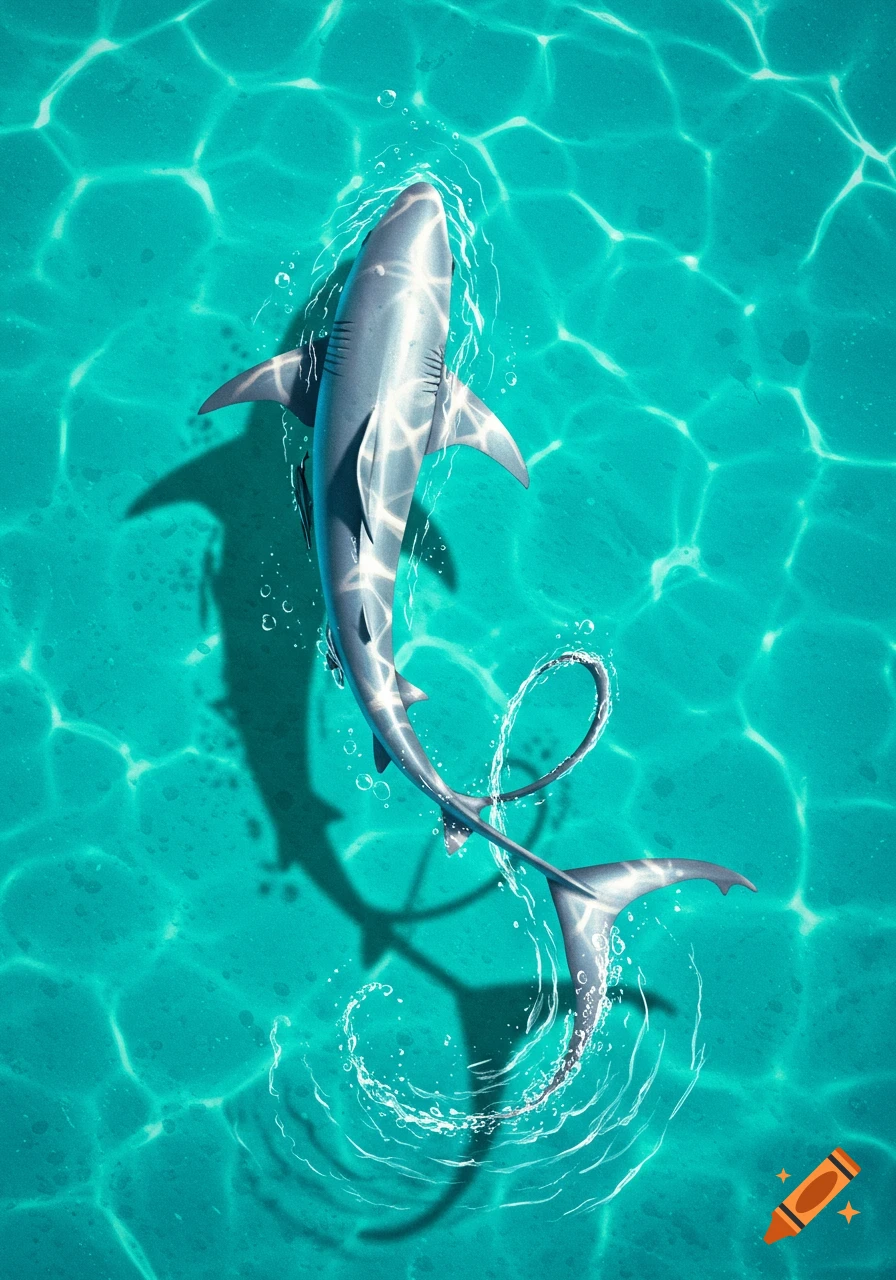 A shark seen from a bird's eye view in clear turquoise water, its tail forming the shape of an 'R'.