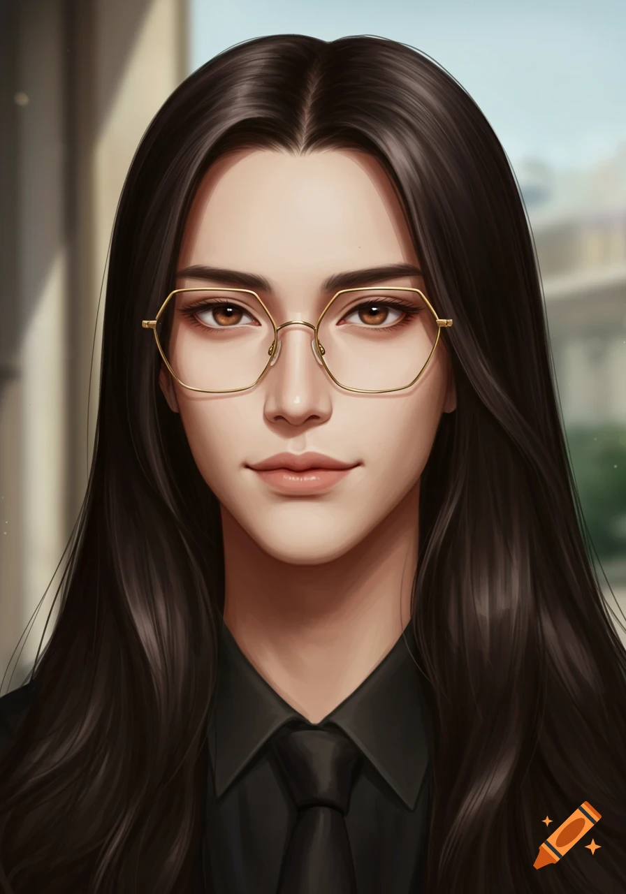 A detailed portrait of a person with long dark hair, golden pentagonal glasses, brown eyes, wearing a black shirt and tie.