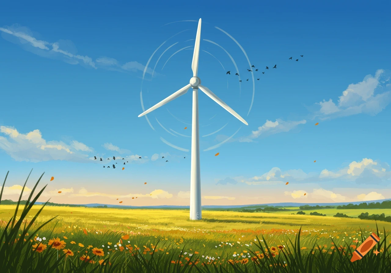 Stylized illustration of a white wind turbine in a vibrant field of yellow and green with colorful flowers under a bright blue sky, birds flying.