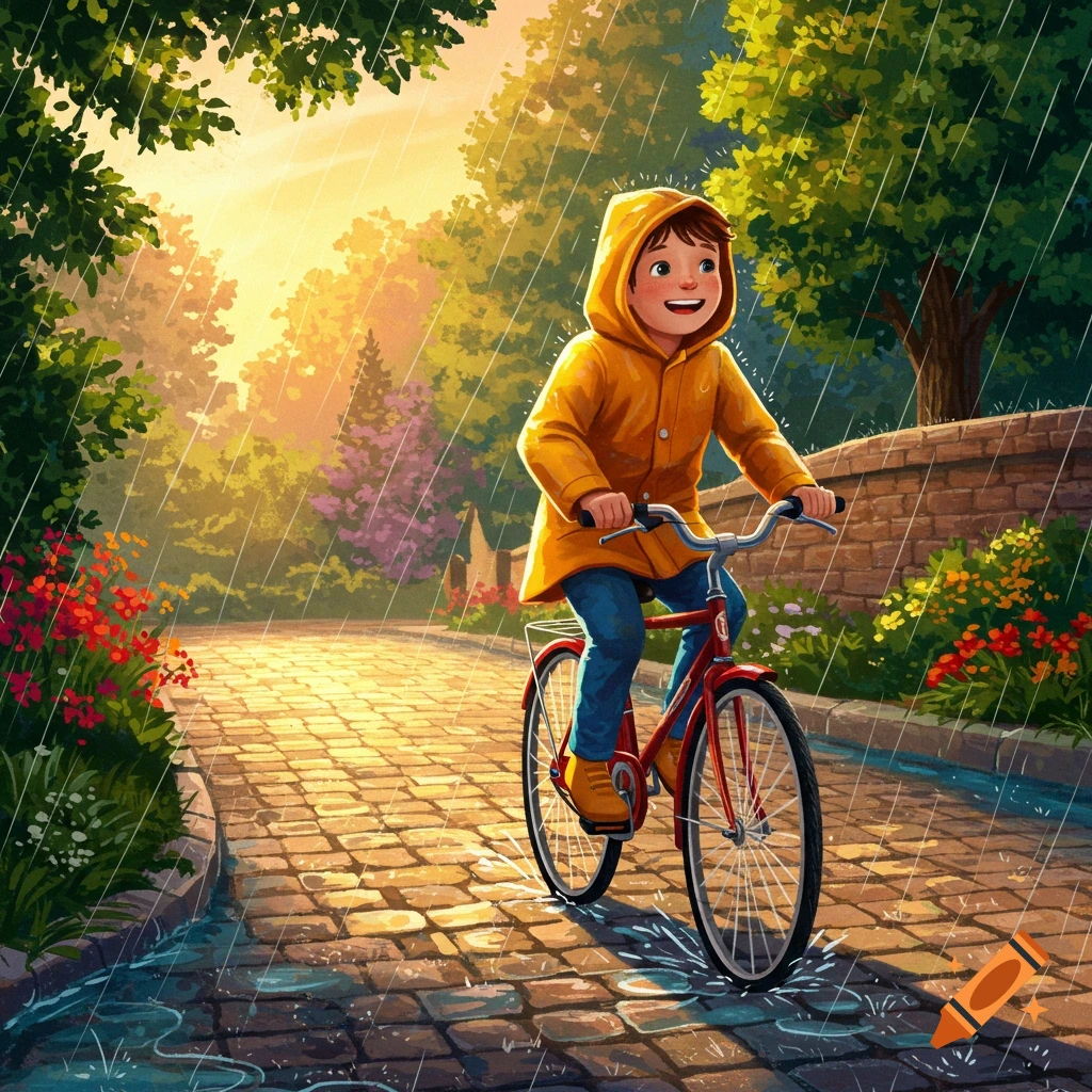 A smiling boy in a yellow raincoat rides a red bicycle down a cobblestone path in the rain, surrounded by green trees and colorful flowers.