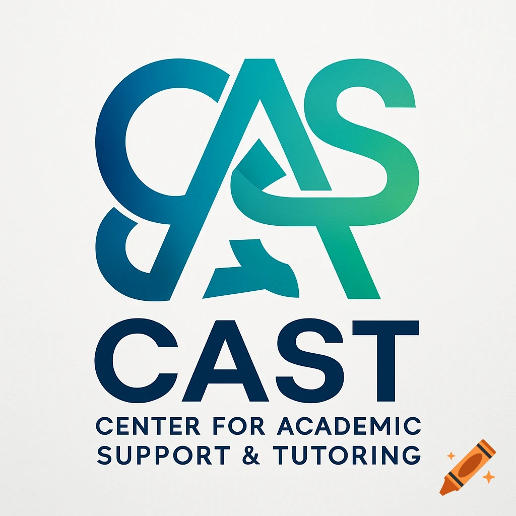 Modern logo for CAST, Center for Academic Support & Tutoring, with stylized blue-green 'CAS' letters and bold blue text.