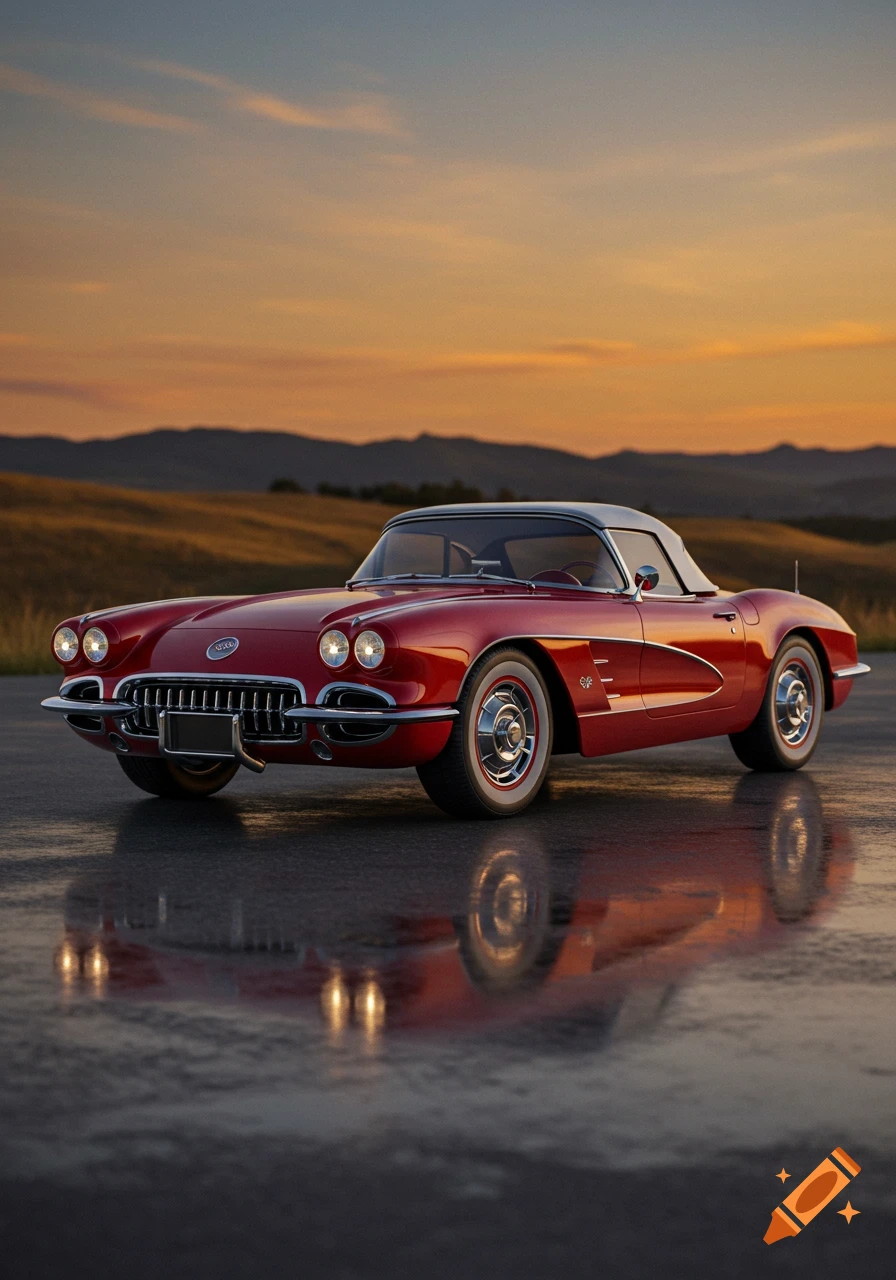 Red 1959 Corvette convertible parked on a wet road at sunset, reflecting the car and colorful sky, with hills in the background.