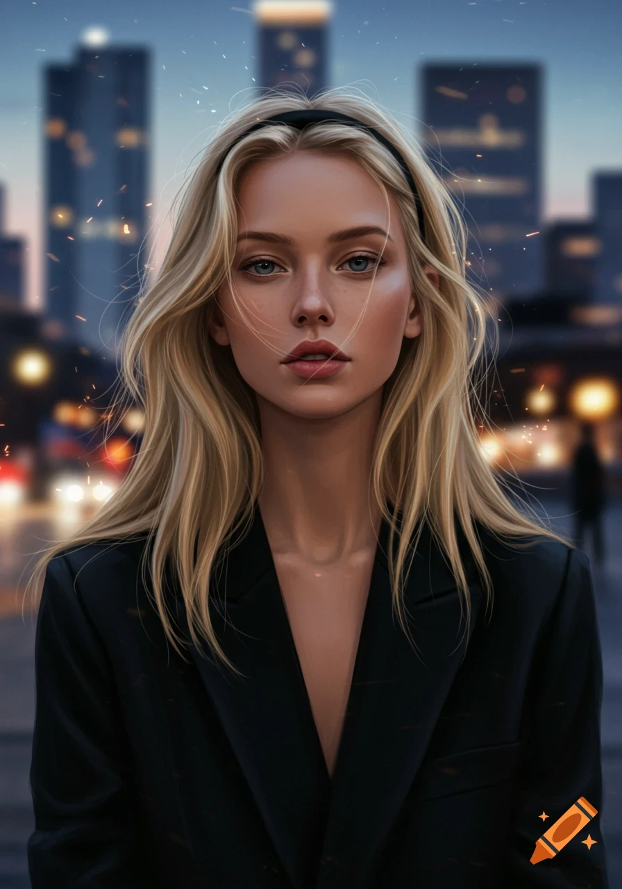 Photorealistic portrait of a young woman with long blonde hair and blue eyes, wearing a black headband and blazer, against a blurred city night background.