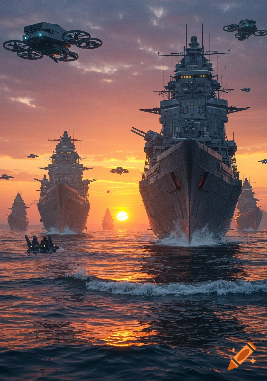 Giant futuristic robot battleships and drones navigate a sunset ocean, with a small boat in the foreground.