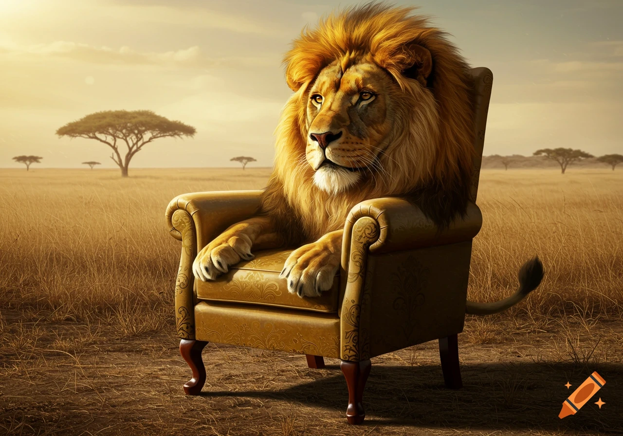 A majestic lion with a golden mane sits in an ornate gold armchair in a vast, sun-drenched savanna.
