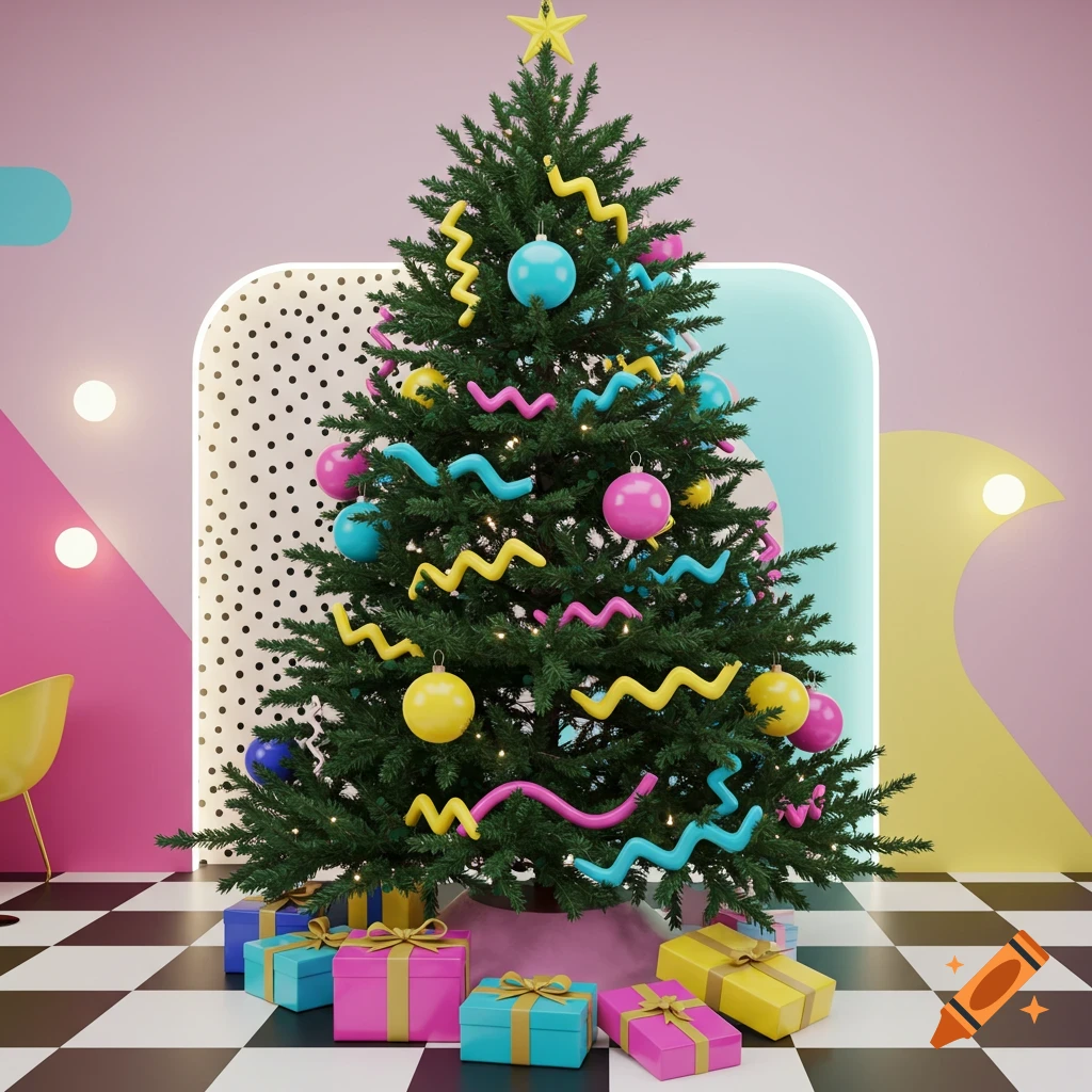 A brightly decorated Christmas tree in Memphis Design style, with pink, yellow, and blue ornaments, wavy garlands, and gifts on a checkered floor.