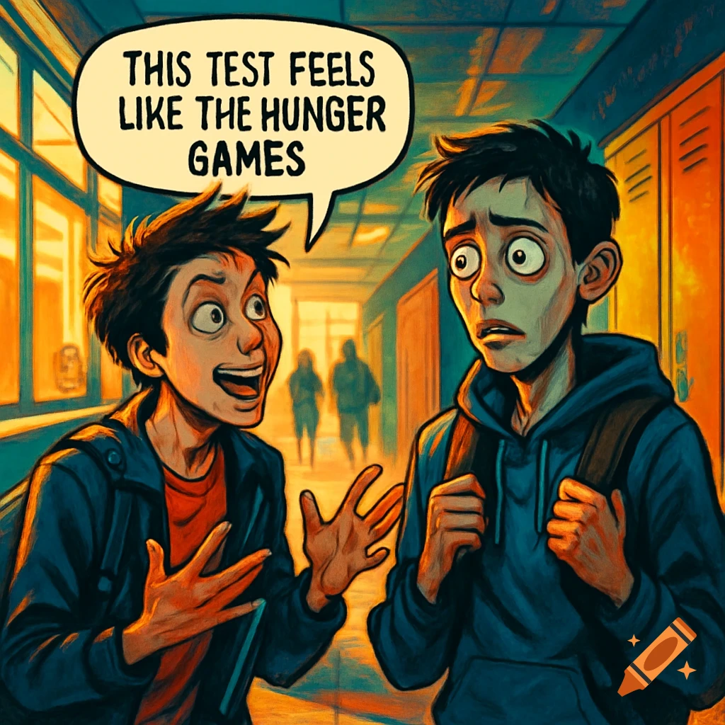 Two cartoon students in a school hallway. One smiles and says, "This test feels like The Hunger Games." The other looks worried.