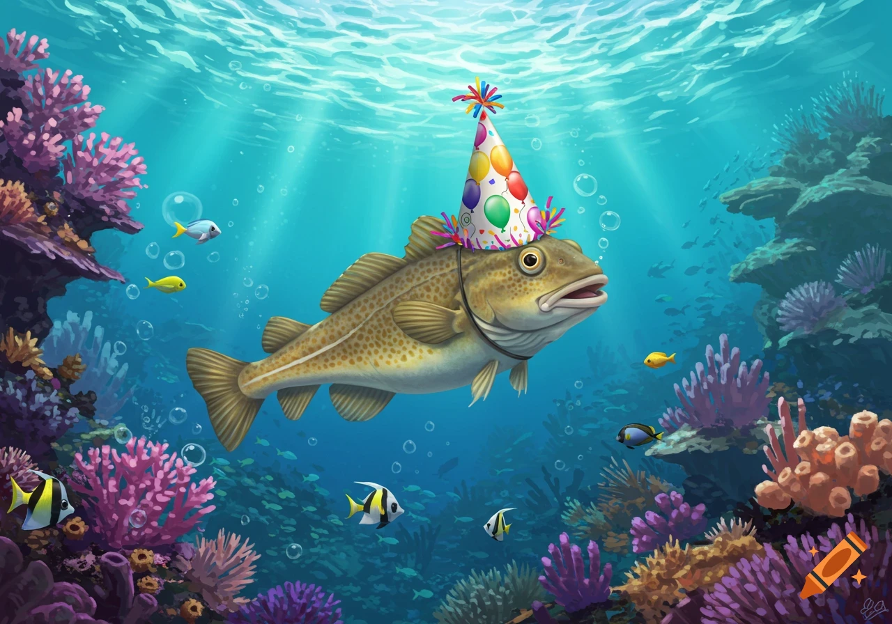 A detailed illustration of a cod fish wearing a colorful birthday party hat, swimming in a vibrant coral reef with other fish.