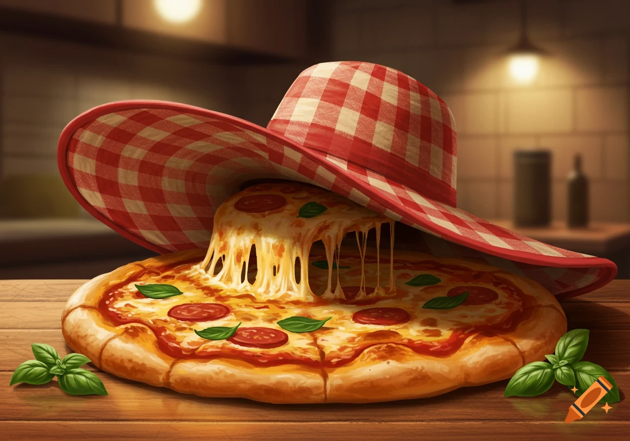 A hot pizza with melted cheese, pepperoni, and basil, wearing a large red and white checkered hat, on a wooden table in a kitchen.