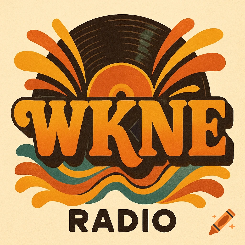 Retro 1970s WKNE Radio logo with a vinyl record and orange, yellow, and teal wavy patterns.