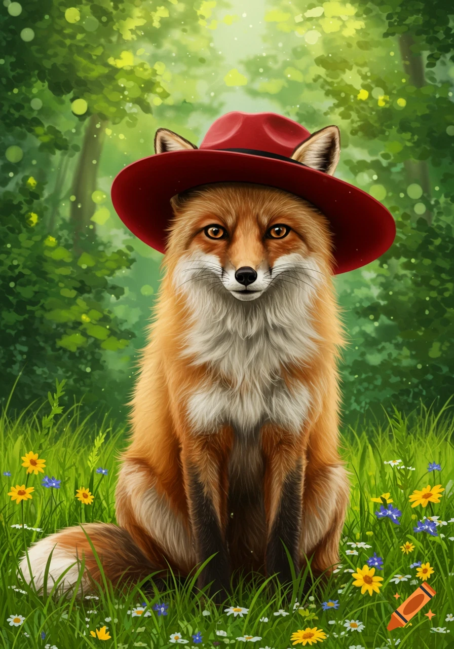 A fluffy red fox wearing a red fedora sits amidst colorful wildflowers in a vibrant green forest, painterly style.