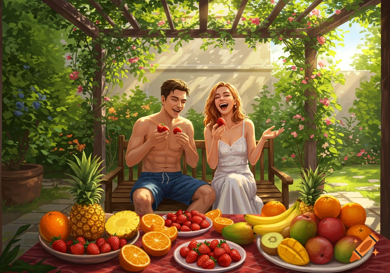 A laughing couple eats strawberries under a leafy pergola in a lush garden, with a table full of colorful fruit in the foreground, illustrated.