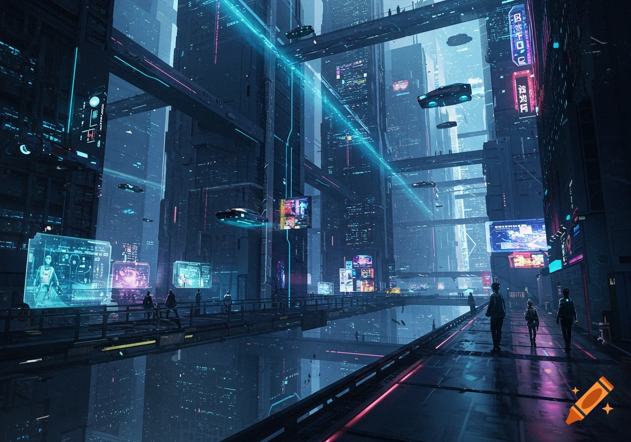 A vibrant, dark futuristic cyberpunk city at night with towering skyscrapers, flying vehicles, neon lights, and holographic displays.