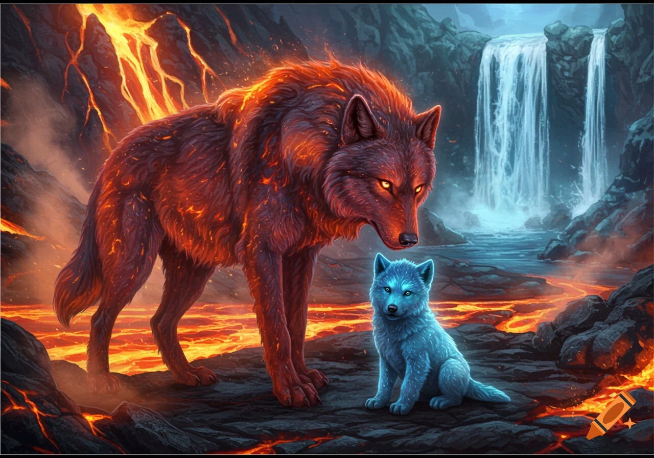 A majestic red lava wolf standing next to a small blue water wolf baby in a dramatic fantasy landscape with lava and a waterfall.