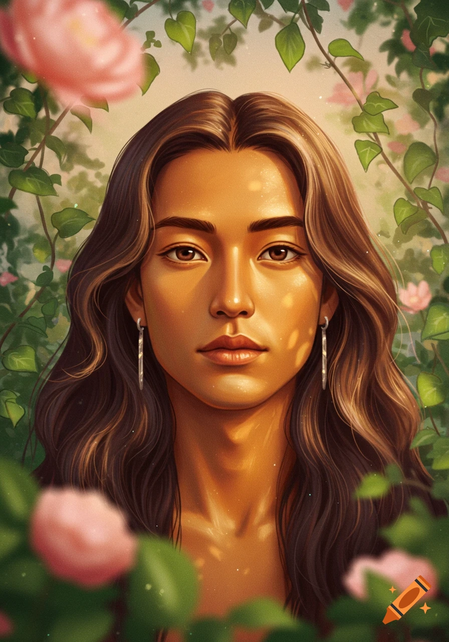 A close-up digital painting of a person with long wavy brown hair and warm skin tones, framed by green vines and pink roses, with soft sunlight dappling their face.