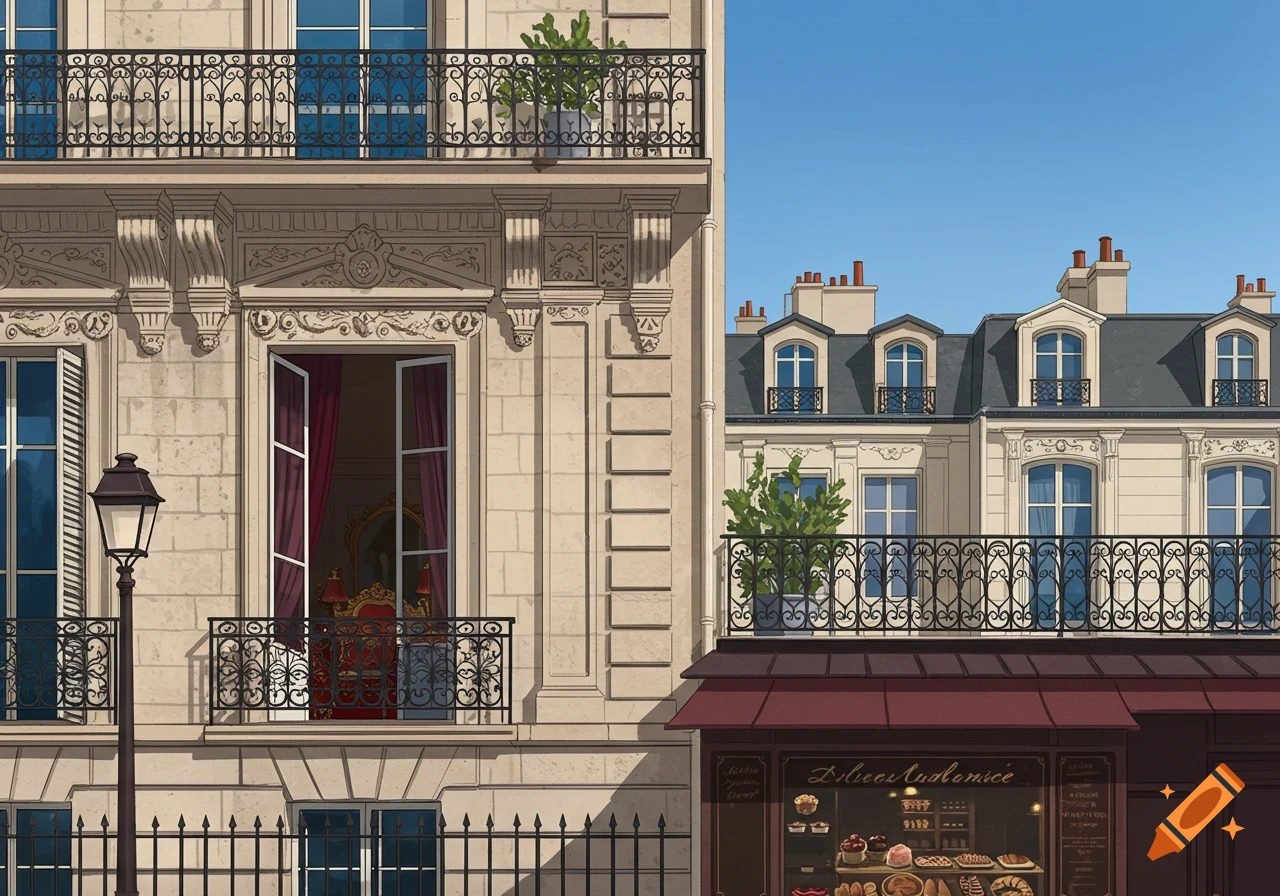 A detailed illustration of a Parisian building facade featuring ornate balconies, open windows with red curtains, and a bakery shop on the ground floor under a clear blue sky.