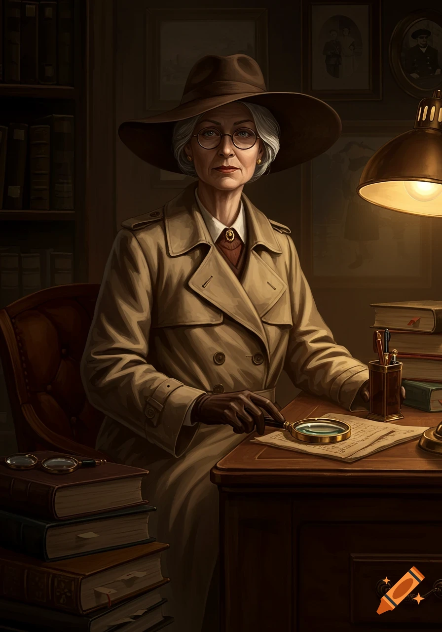 An elderly detective woman in a trench coat and hat sits at a desk with a magnifying glass under a lamp, in a dark, stylized scene.