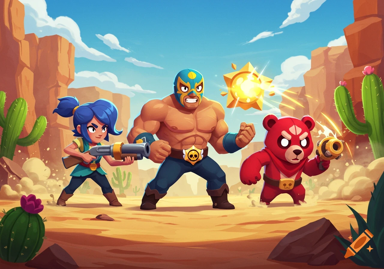 Cartoon characters, including a girl with a shotgun, a masked wrestler, and a red bear, stand in a desert landscape.