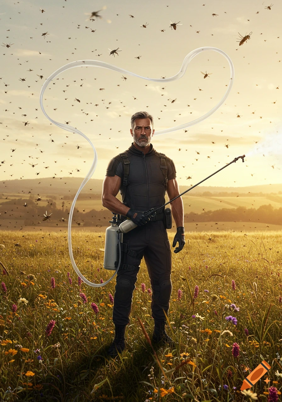 Photorealistic image of a serious man in a dark tactical suit holding a bug sprayer, surrounded by a swarm of insects in a sunlit wildflower field.