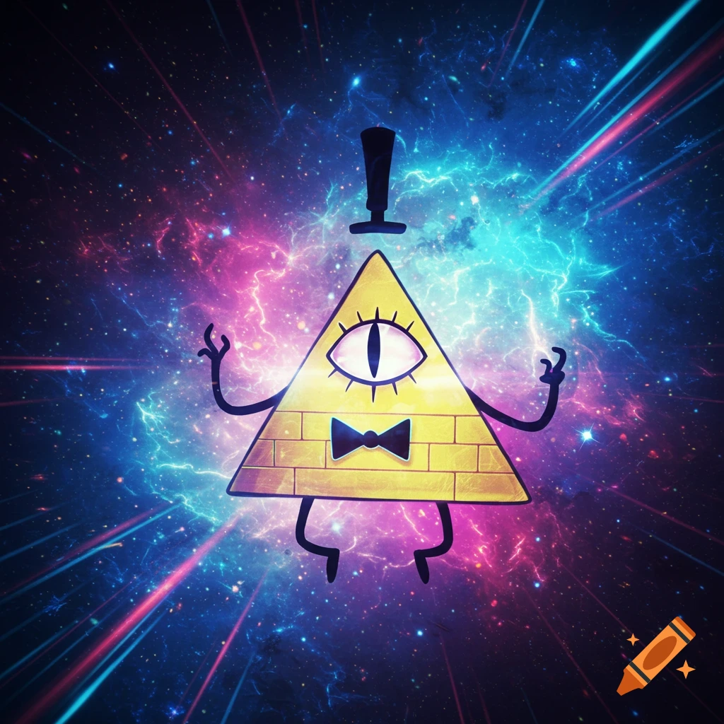 Bill Cipher, a yellow triangular character with one eye, top hat, and bow tie, floats in a vibrant psychedelic space with glowing nebulae and light streaks.