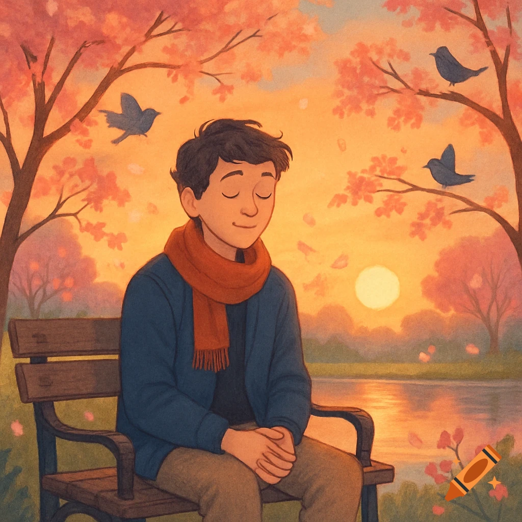 Illustrative scene of a young man meditating on a park bench under cherry blossoms, with birds and a sunset over a lake.