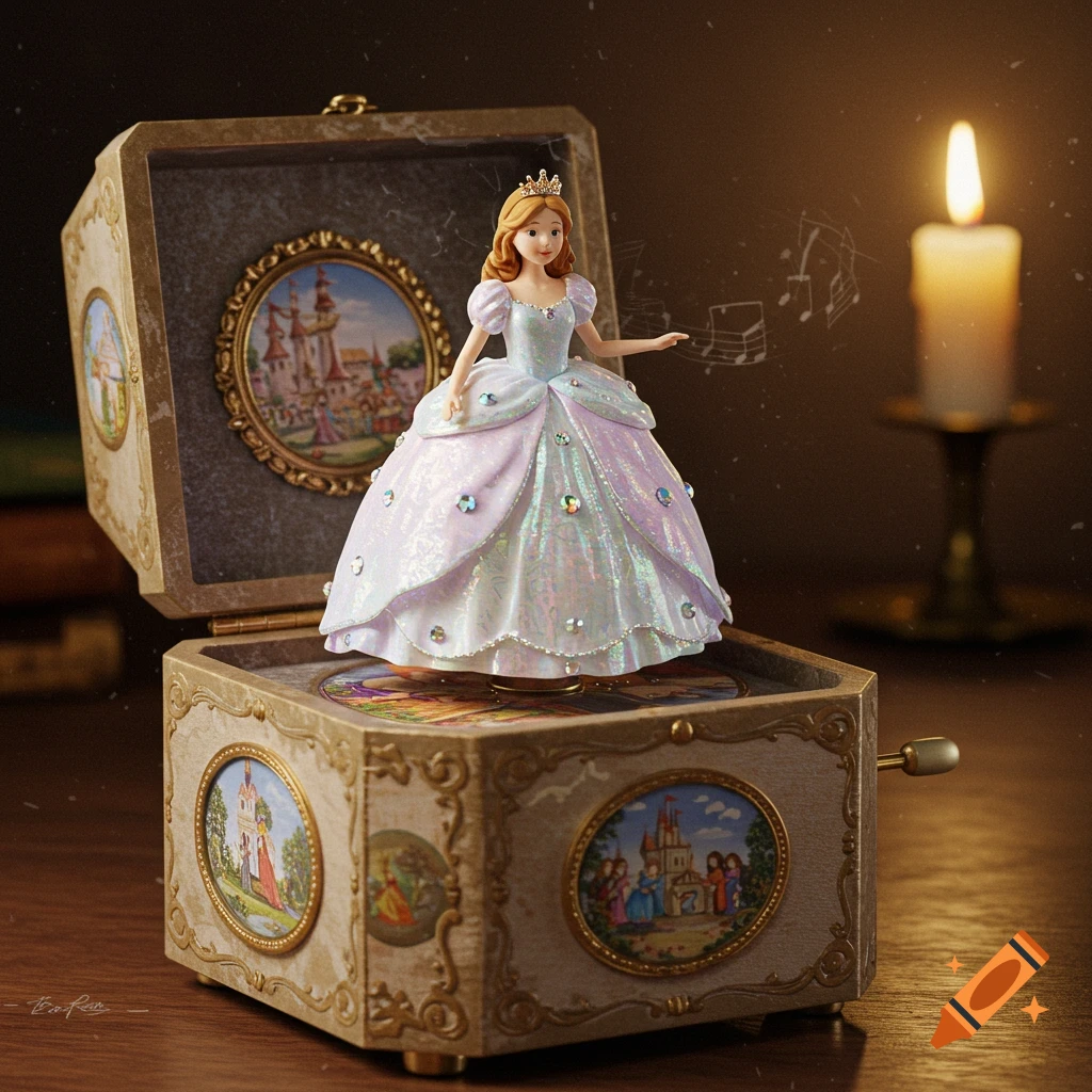 A princess doll with a shimmering dress dances atop an ornate, open music box, illuminated by a candle.