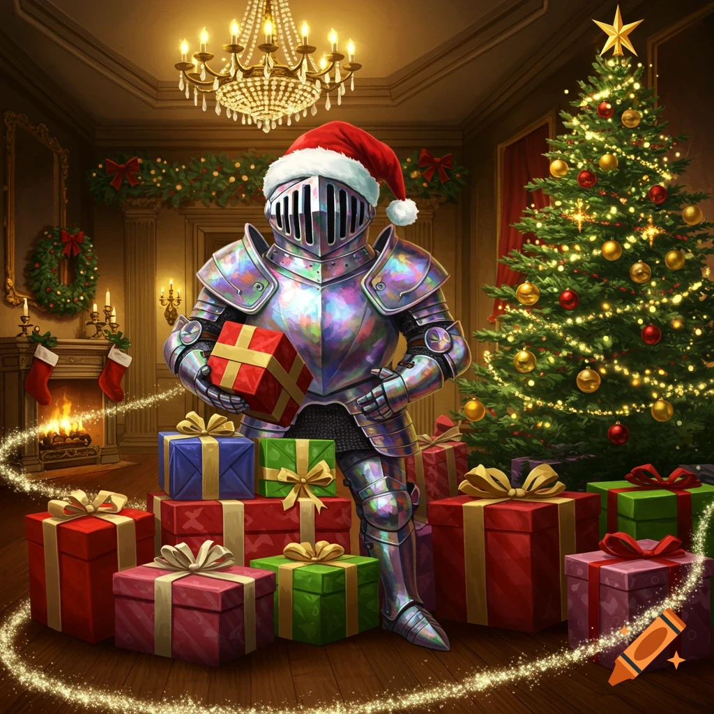An iridescent armored knight in a Santa hat stands among a pile of Christmas presents in a festive room with a decorated tree and fireplace.