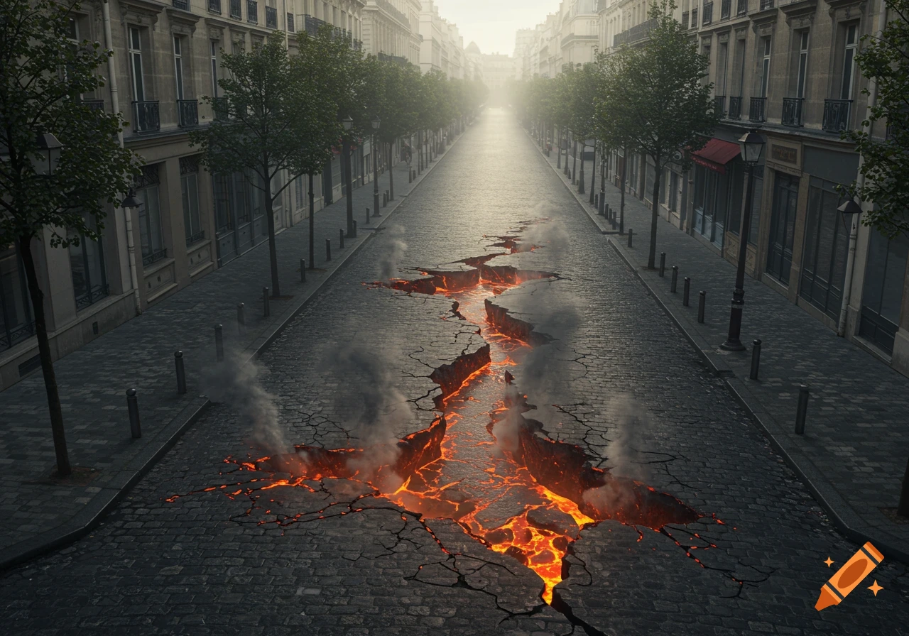A realistic cinematic view of a Paris street with the ground cracking open, revealing glowing lava and emitting dark smoke.