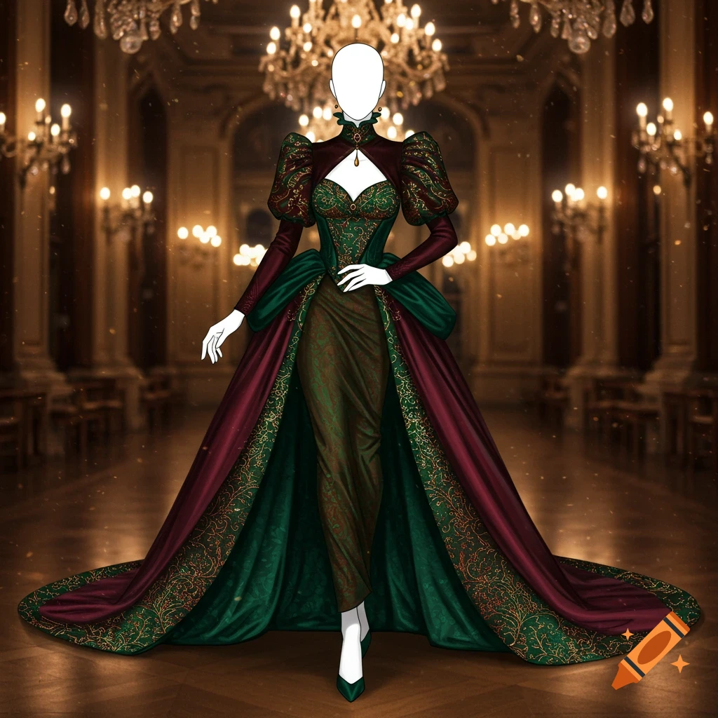 An ornate green and maroon Gilded Age-style evening gown with a long train on a headless mannequin in a luxurious ballroom.