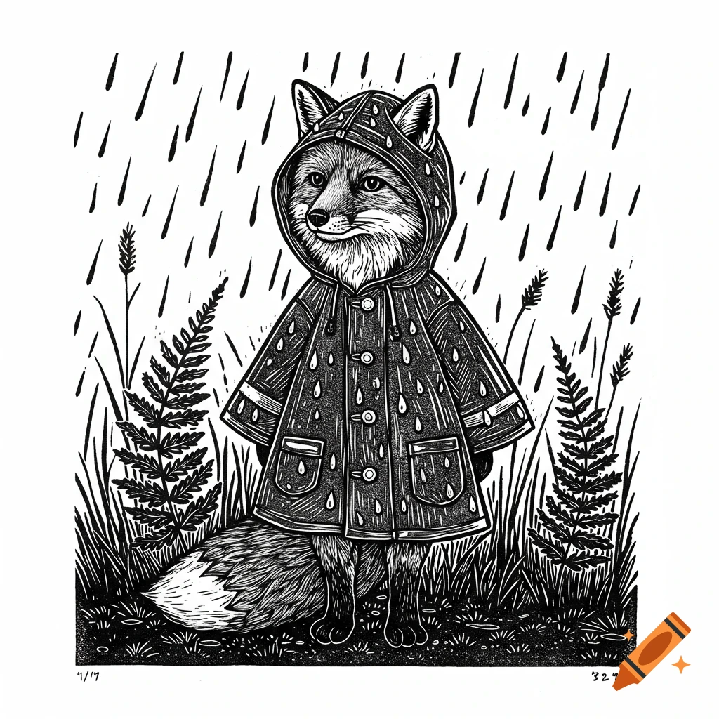 A black and white linocut illustration of a fox wearing a raincoat standing in tall grass and ferns in the rain.