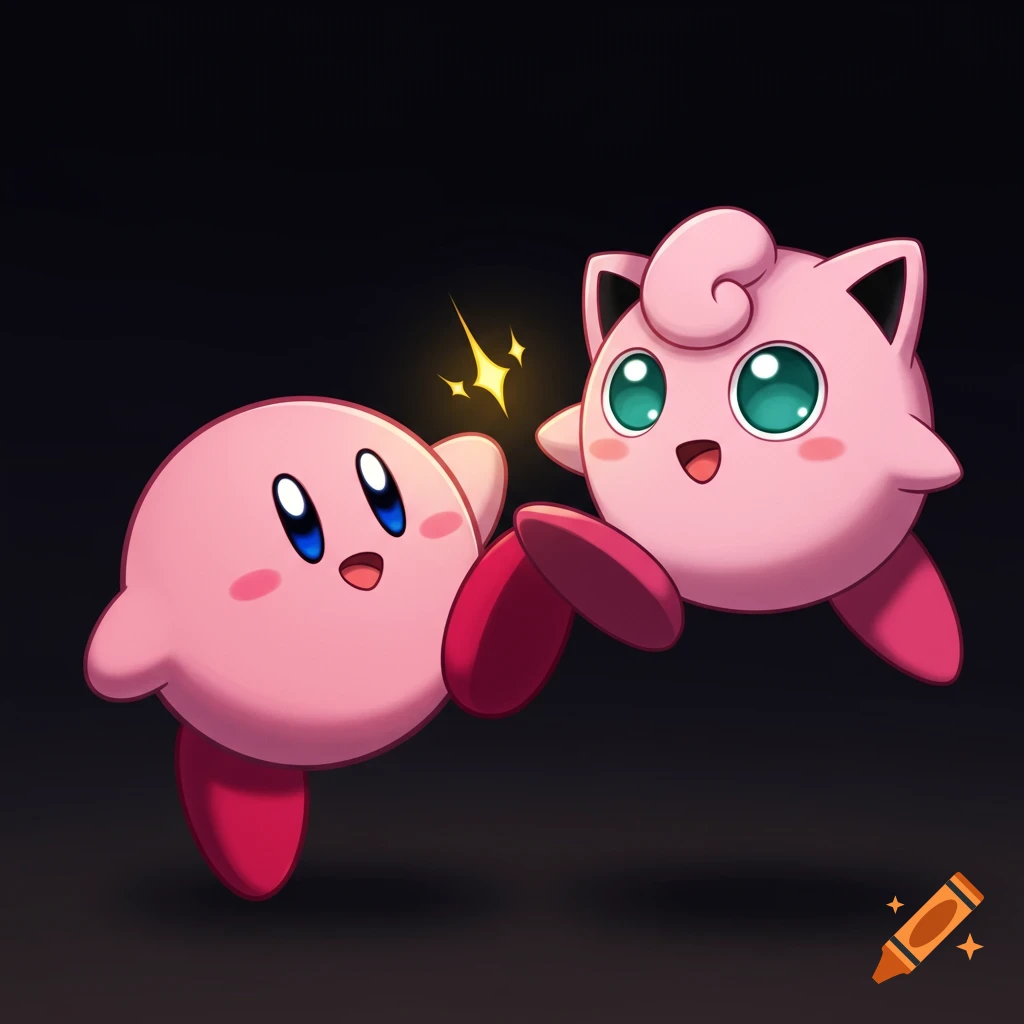 Pink Kirby with an open mouth is about to be kicked by a pink Jigglypuff with green eyes, in an anime style on a black background.