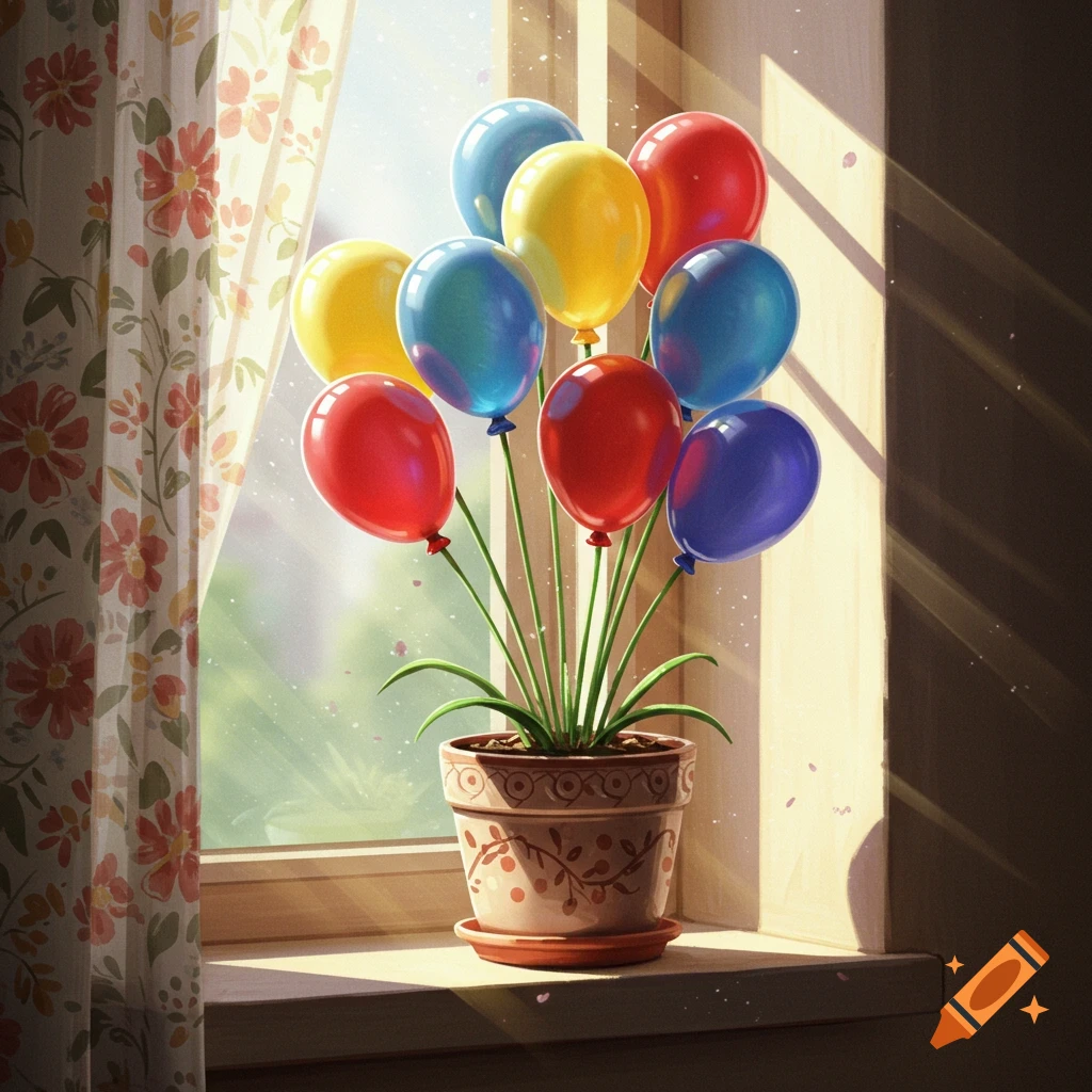 Colorful balloons bloom from a patterned pot on a sunlit window sill beside a floral curtain.