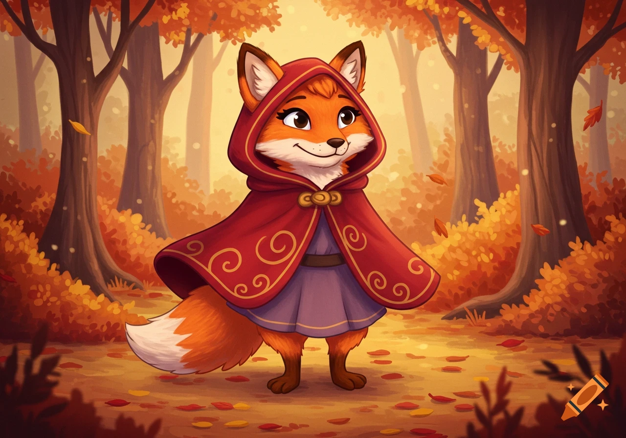 A friendly, orange-and-white cartoon fox in a red hooded cloak and purple dress stands in an autumn forest with fallen leaves.