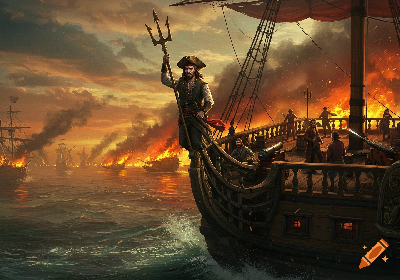 A bearded pirate stands on the bow of a ship, holding a trident, amidst a fiery naval battle at sunset. Other ships burn in the background.