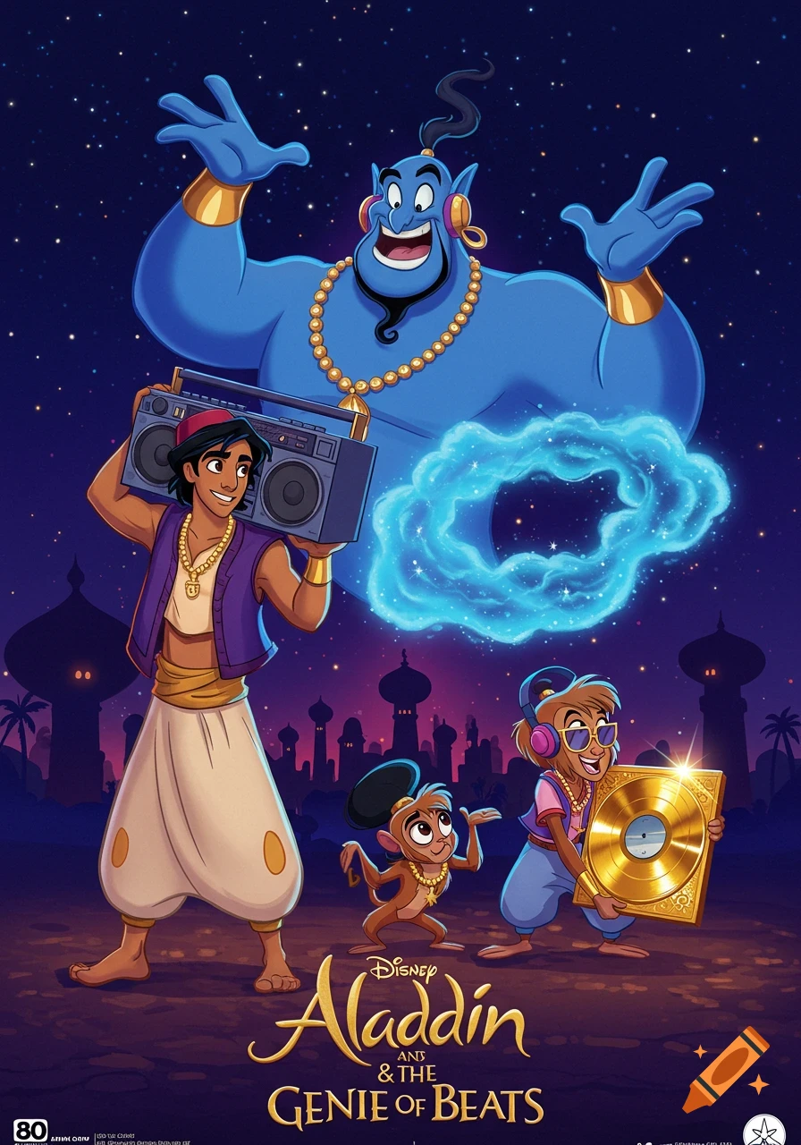 Aladdin, Genie, Abu, and a girl in hip-hop gear with a boombox and gold record, against a starry Agrabah night sky in Disney animation style.