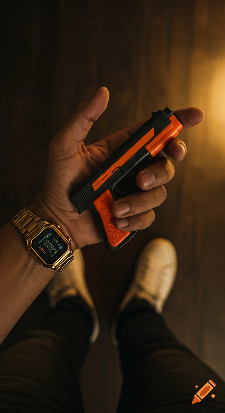 Photorealistic close-up of a hand holding a black and orange toy gun, wearing a golden digital watch, with blurred shoes and dark floor in the background.