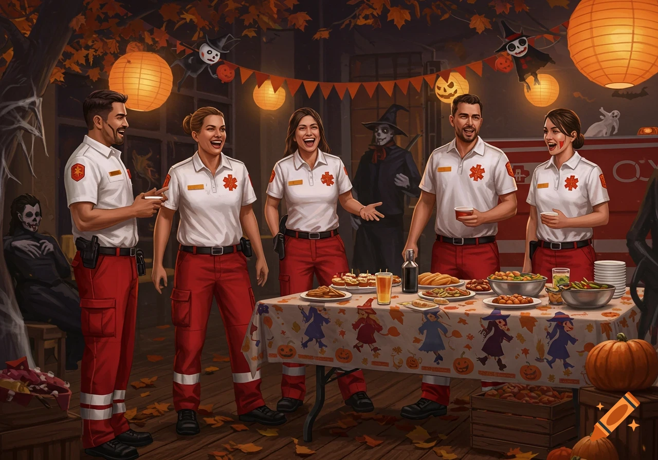 Five paramedics in uniform celebrating Halloween around a buffet table outdoors, with decorations and costumes.