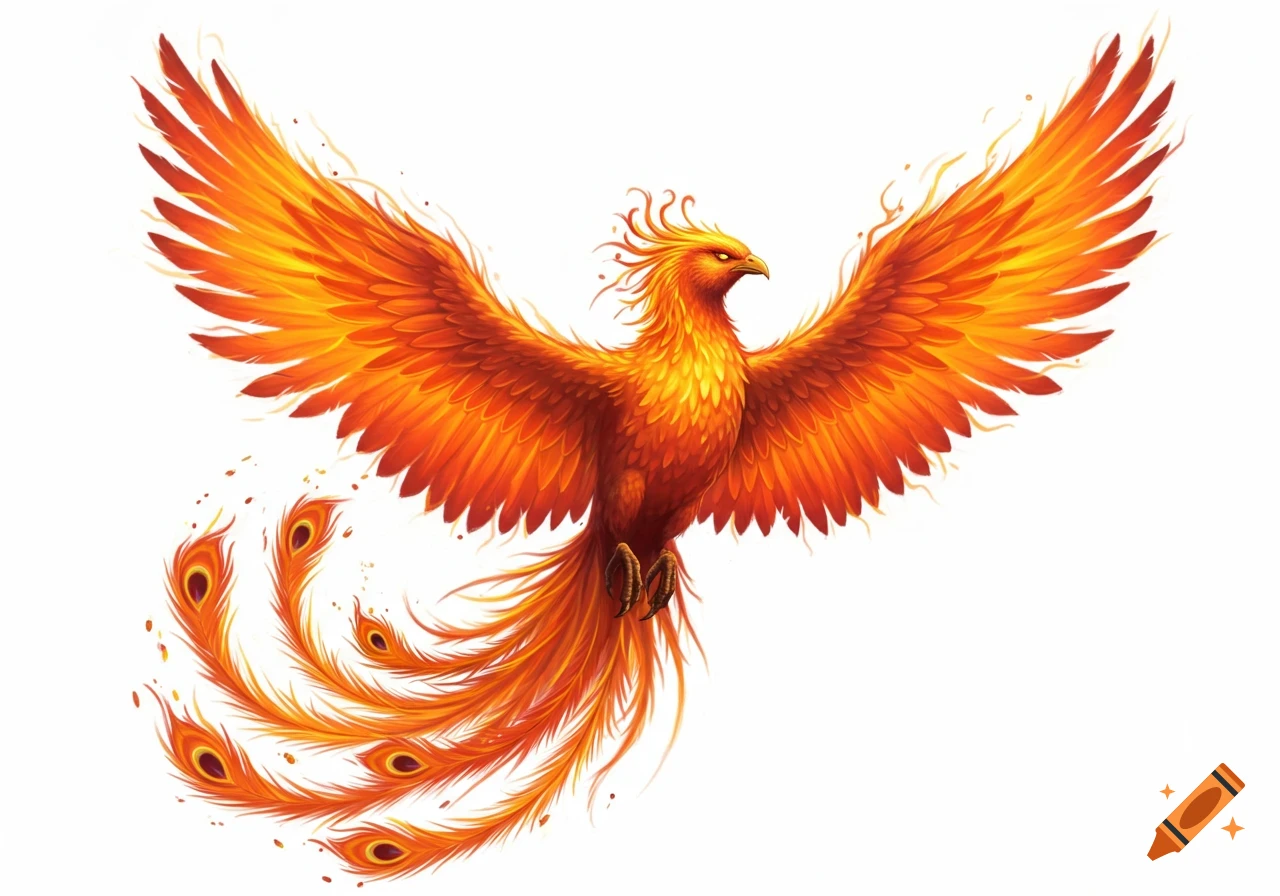 A vibrant orange and yellow phoenix with outstretched wings and a flowing feathered tail on a white background.