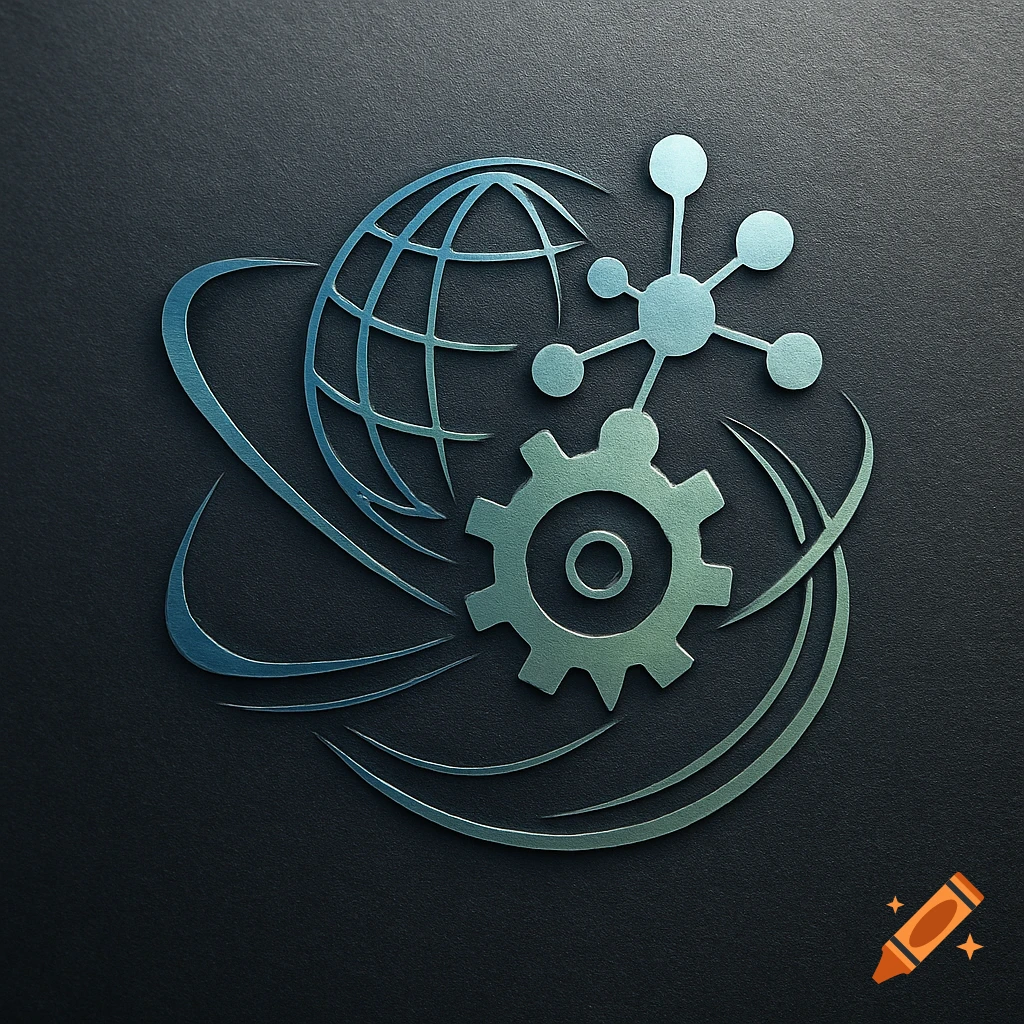 Metallic blue-green logo featuring a globe, a gear, and an interconnected molecular structure on a dark background.